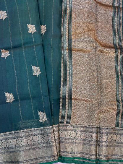 Bottle Green Pure Kora Antique Zari Banarasi Handloom Saree