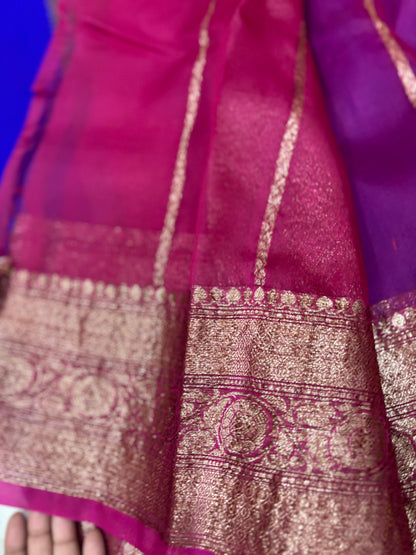 Blue With Rani Pink Border Kora Antique Zari Banarasi Handloom Saree