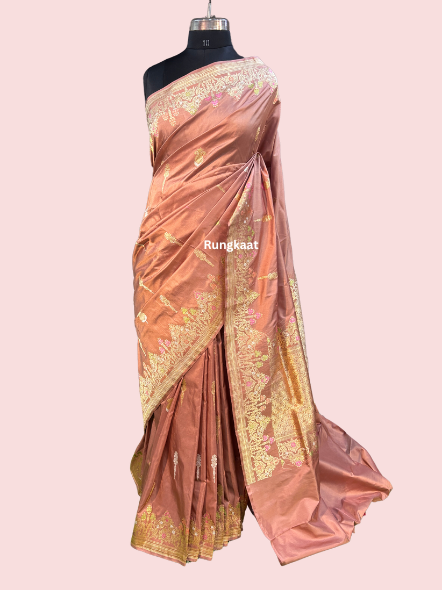 Peach Pure Katan Kadhiyal Belbooti Banarasi Handloom Saree