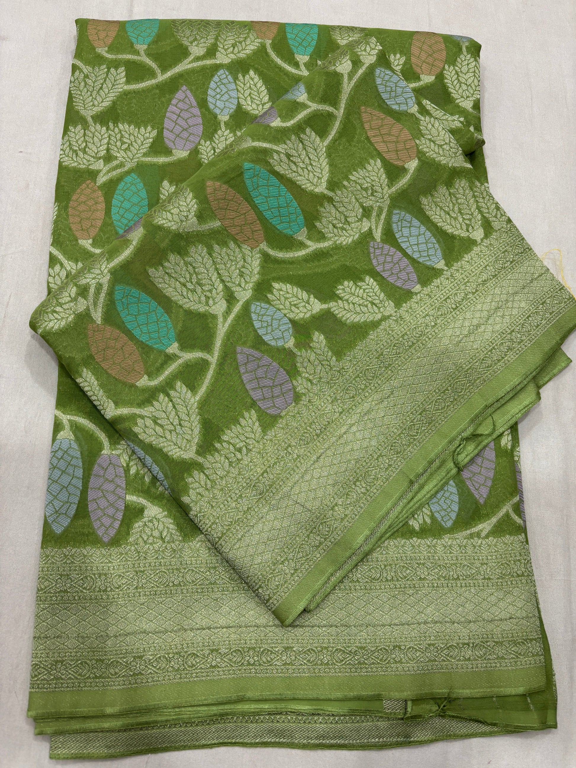 Green Semi Khaddi Georgette Banaras Handloom Sari 