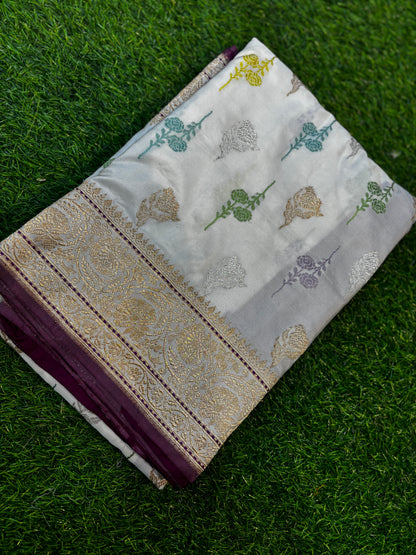 Exclusive White Pure Katan Iktara Handloom Saree