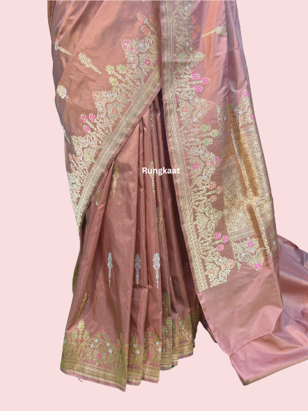 Peach Pure Katan Kadhiyal Belbooti Banarasi Handloom Saree