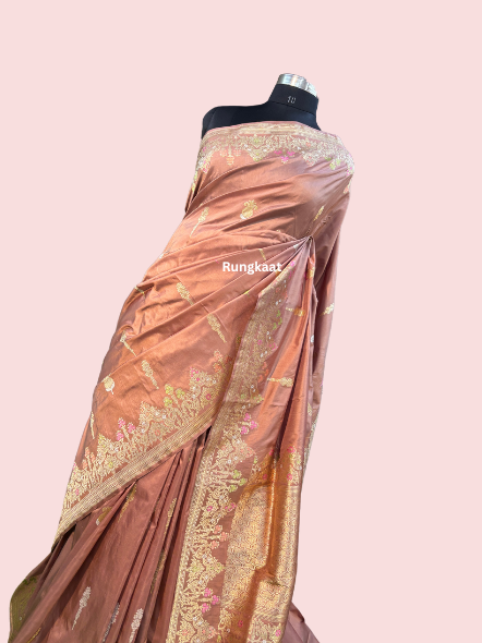 Peach Pure Katan Kadhiyal Belbooti Banarasi Handloom Saree