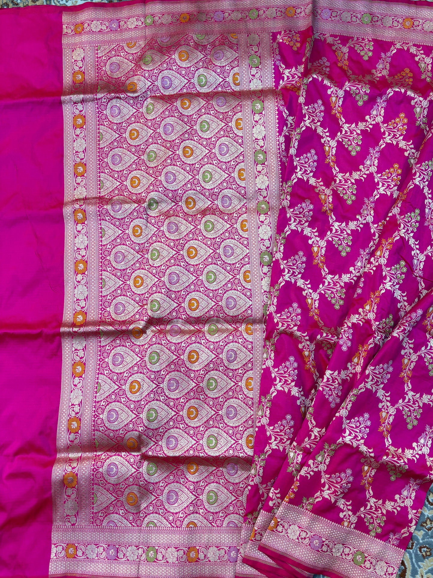 Rani pink pure Katan Jangla Meenakari Banarasi Handloom Saree