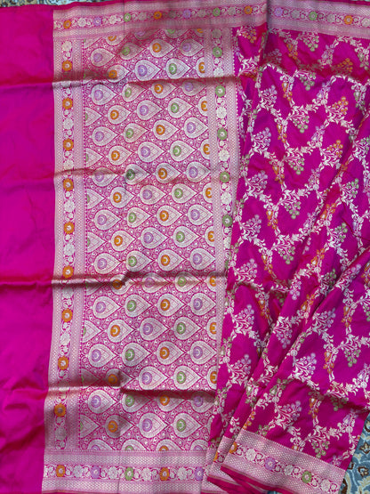 Rani pink pure Katan Jangla Meenakari Banarasi Handloom Saree