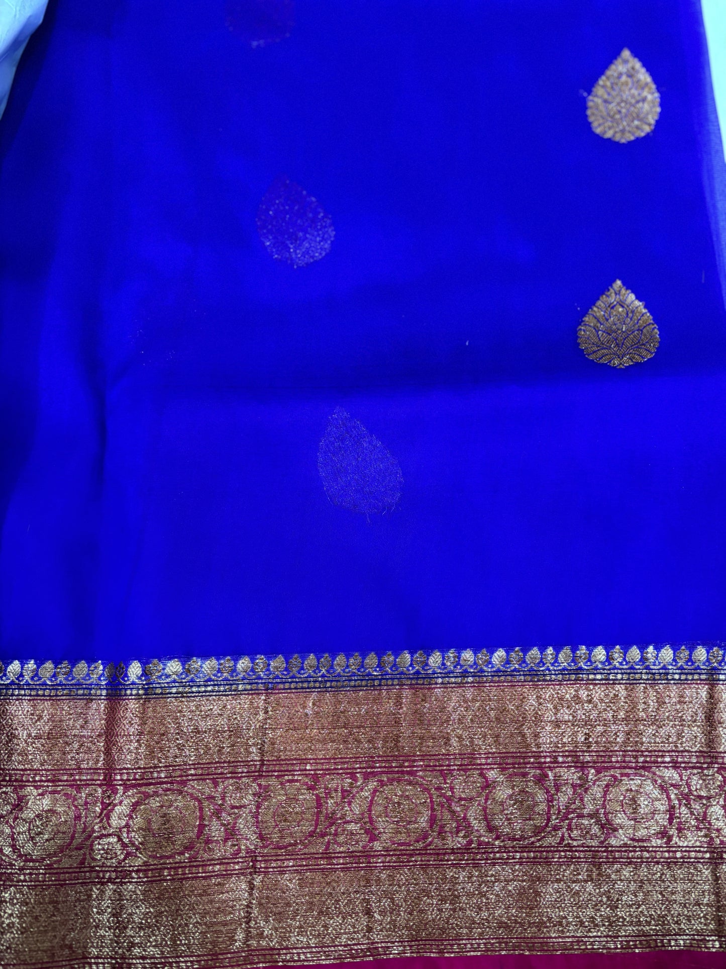 Blue With Rani Pink Border Kora Antique Zari Banarasi Handloom Saree