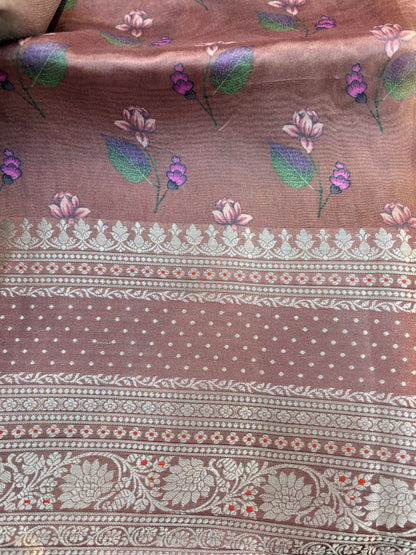 Kora Silk printed with Handwoven Zari Banarasi Saree