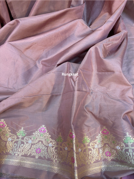 Peach Pure Katan Kadhiyal Belbooti Banarasi Handloom Saree