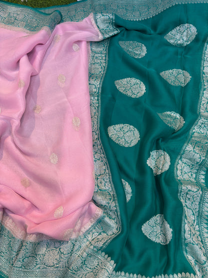 Pink and teal chiffon saree with silver border and scattered gold-toned motifs