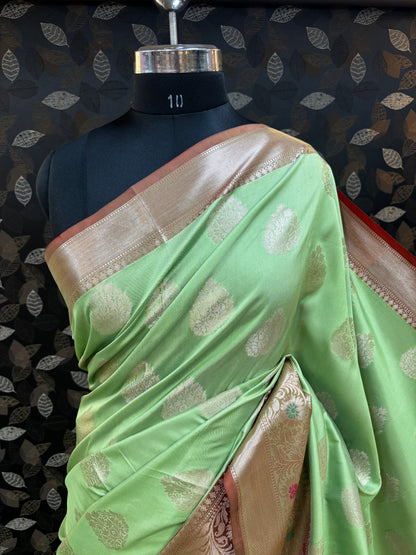 Pista Green With Red Semi Katan Bataya Handloom Saree