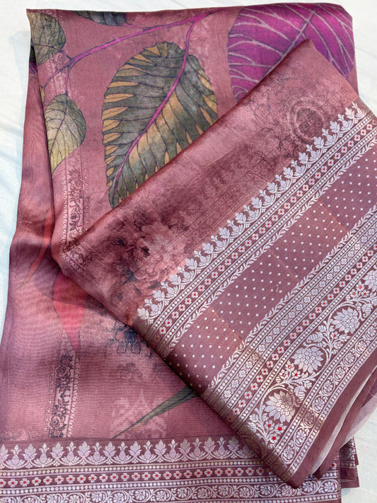 Kora Silk printed with Handwoven Zari Banarasi Saree