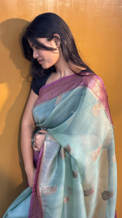 Banarasi handloom saree in light blue with gold motifs and magenta border