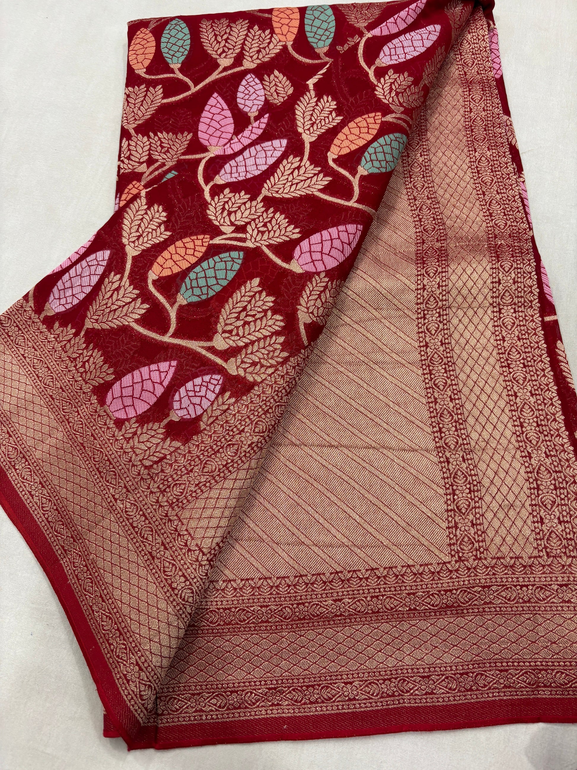 Red Semi Khaddi Georgette Banaras Sari 