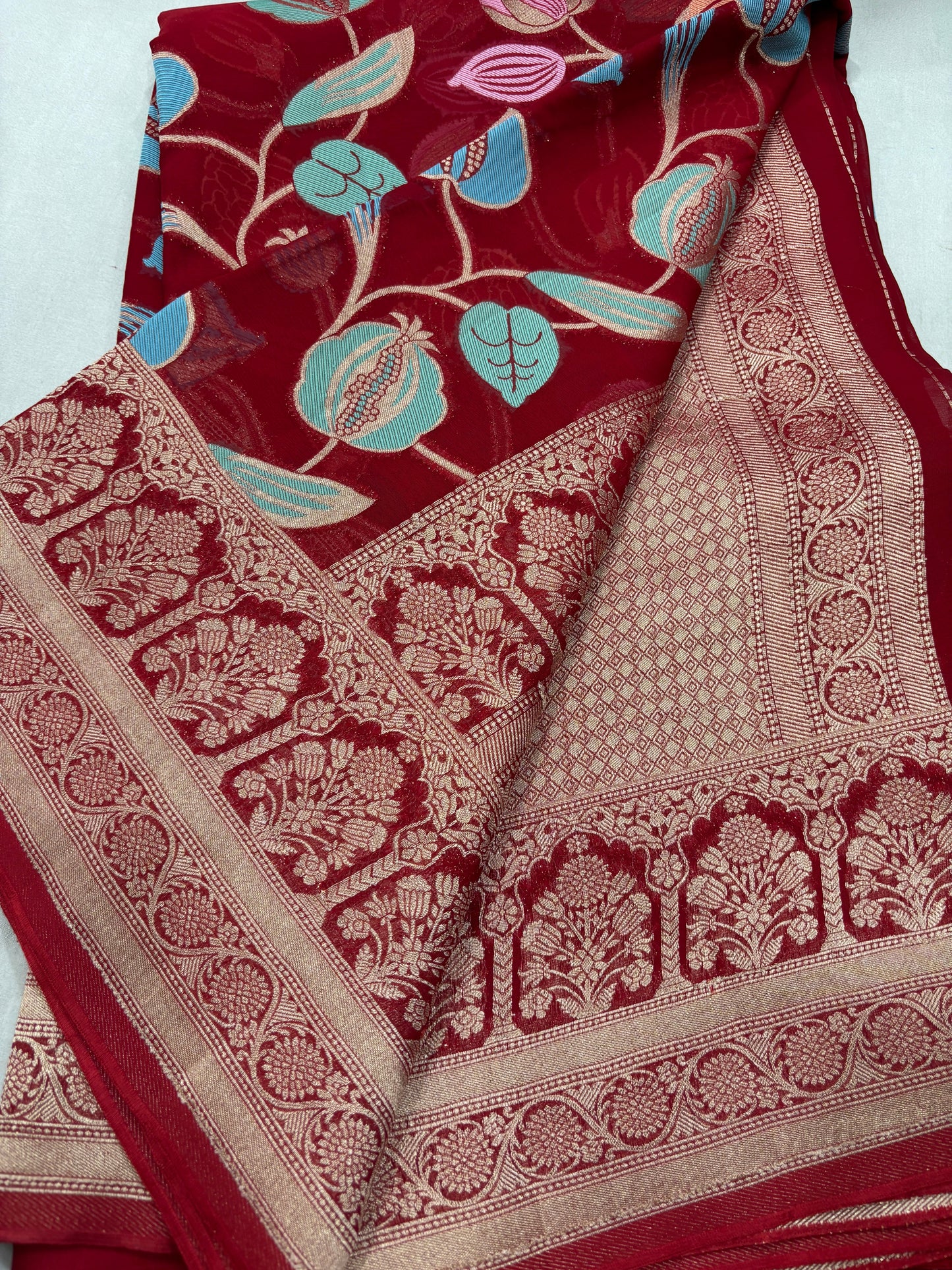 Red Premium Semi Khaddi Georgette Banarasi Handloom Saree 