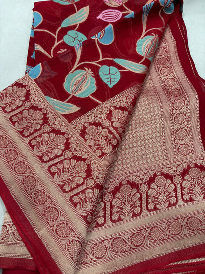 Red Premium Semi Khaddi Georgette Banarasi Handloom Saree 