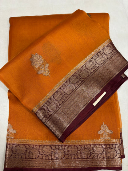 Yellow with brown border, pure Kora Antique Zari, Banarasi Handloom sari