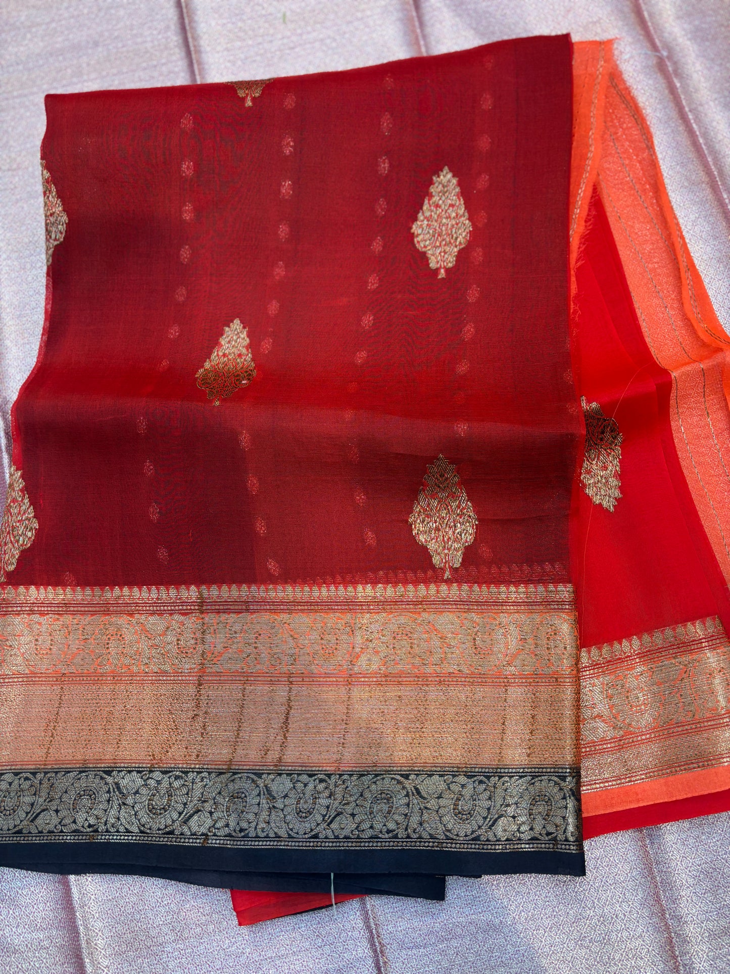 Red-Green Pure Kora Antique Zari Banarasi Handloom Saree