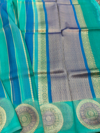 Sky blue Pure Kora Katan Rungkaat Banarasi Handloom Saree