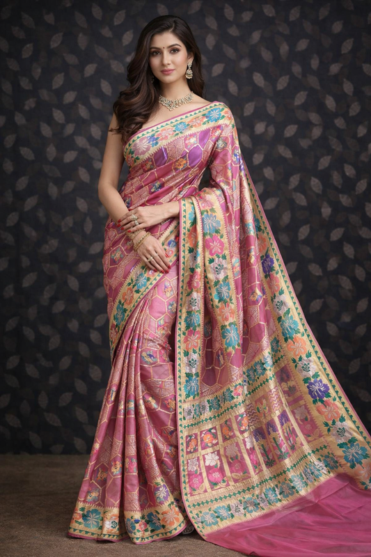Pink Banarasi handloom saree with multicolor floral border and zari woven motifs