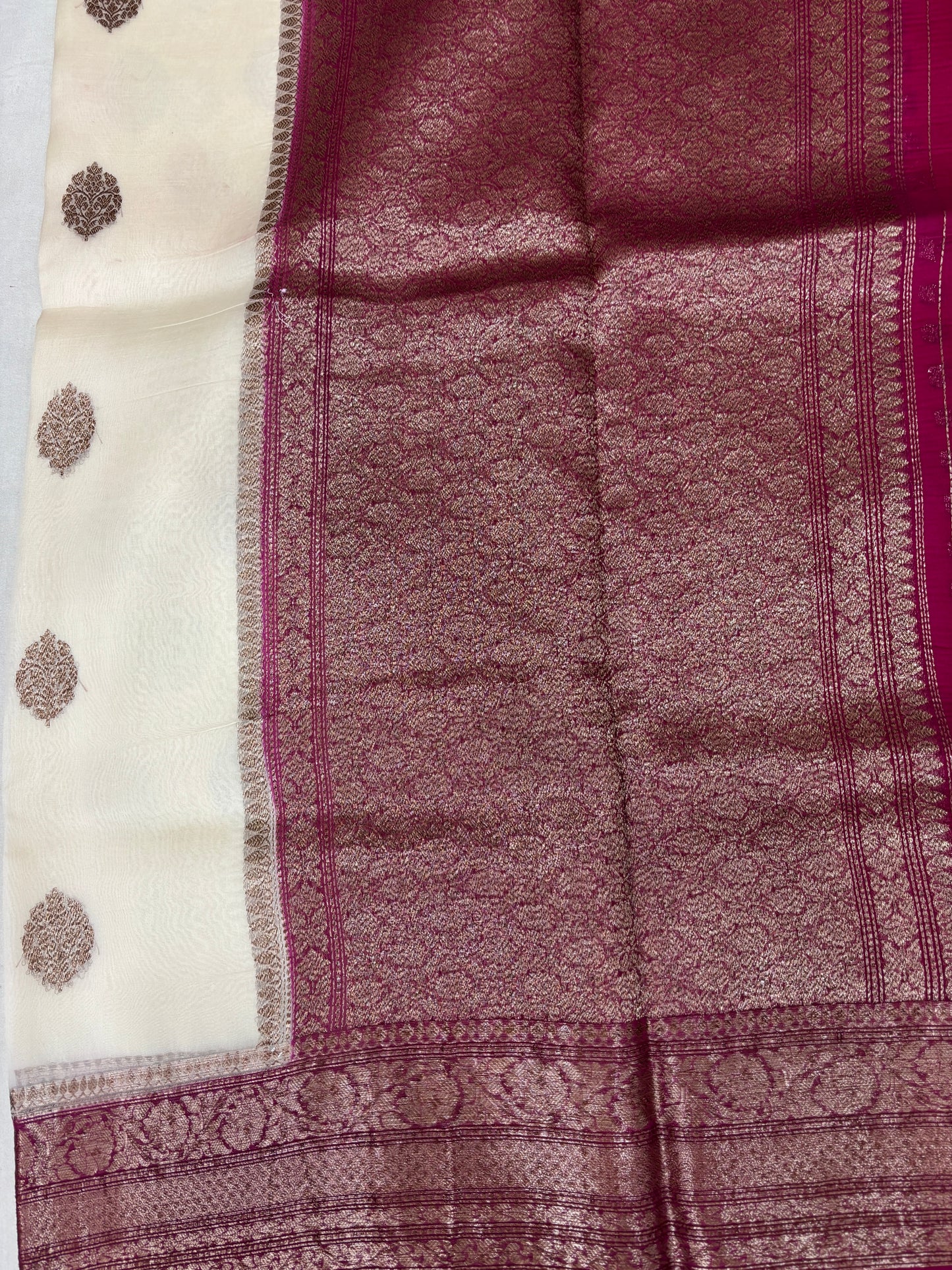White with Pink Border Pure Kora Antique Zari Banarasi Handloom Saree