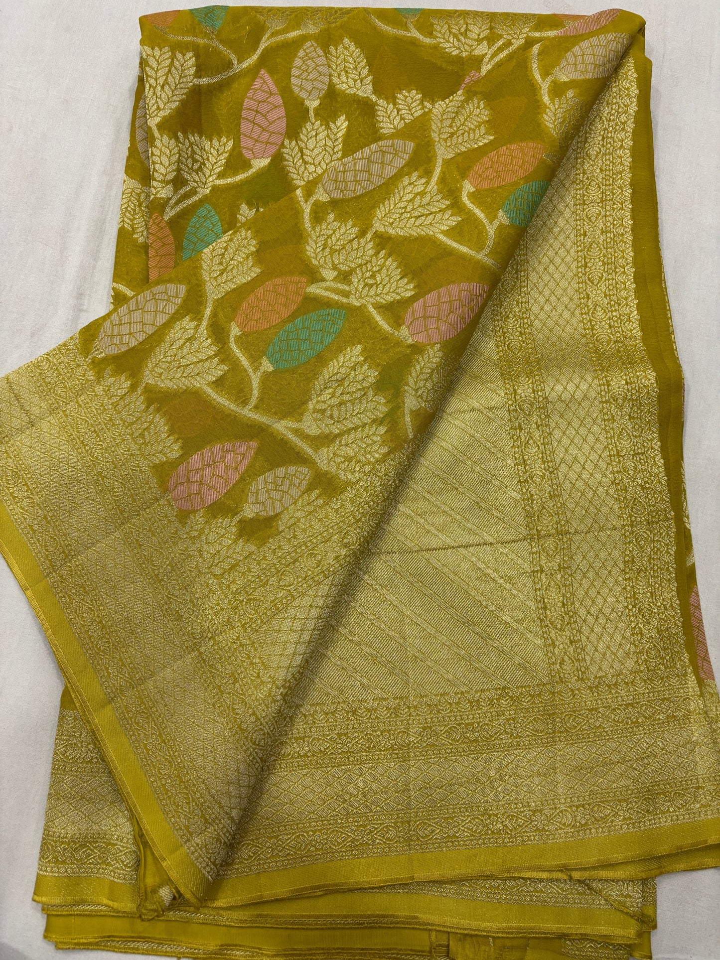 Mustard Yellow Semi Khaddi Georgette Banaras Sari 