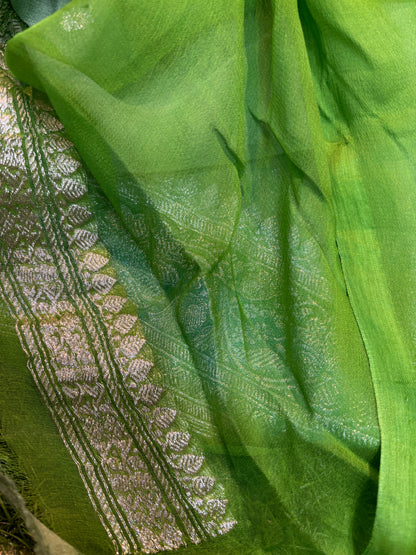 Green chiffon saree with silver zari boota and woven border detail