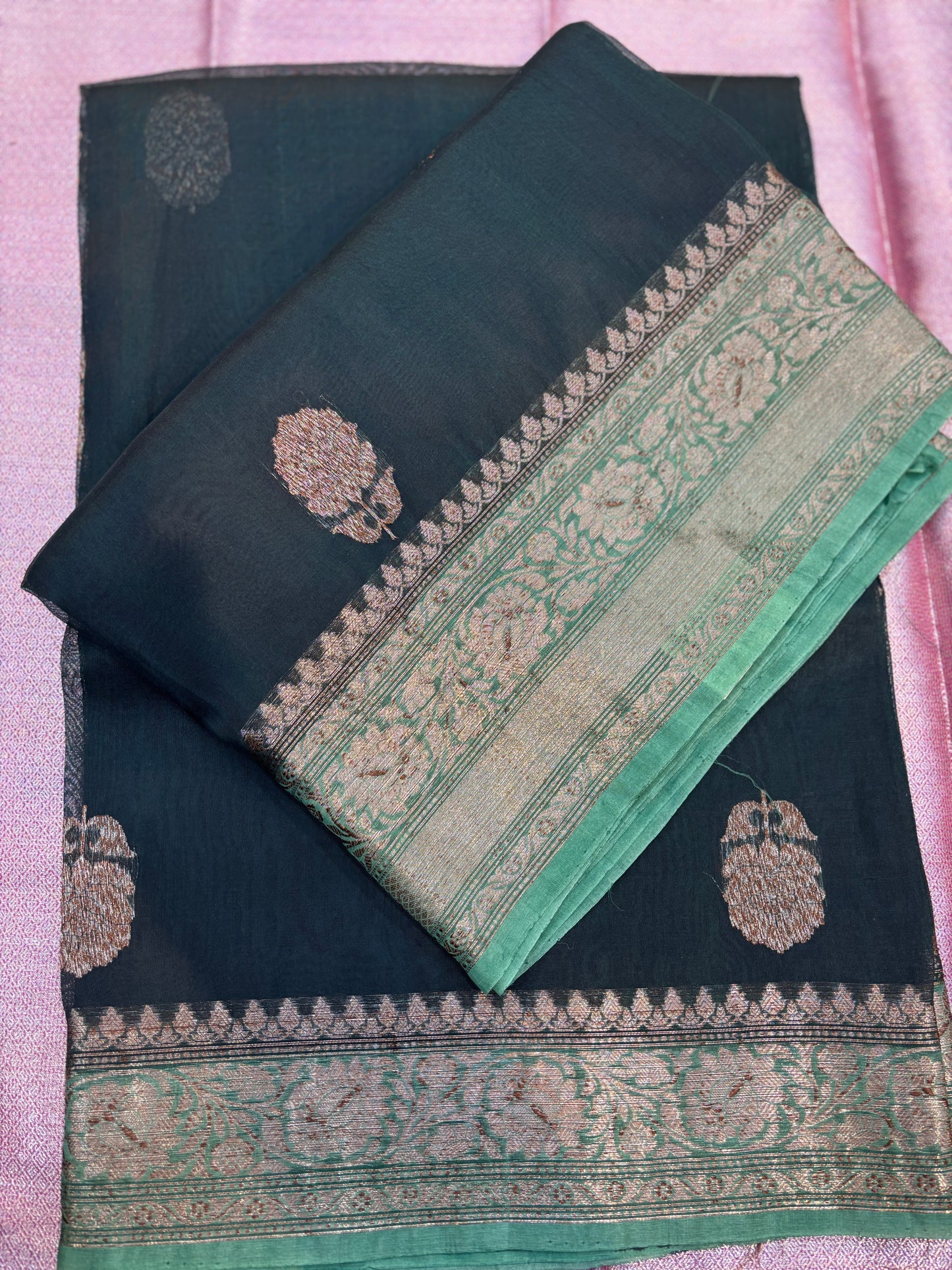 Rama Green Pure Kora Antique Zari Banarasi Handloom Saree