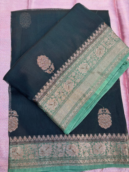 Rama Green Pure Kora Antique Zari Banarasi Handloom Saree