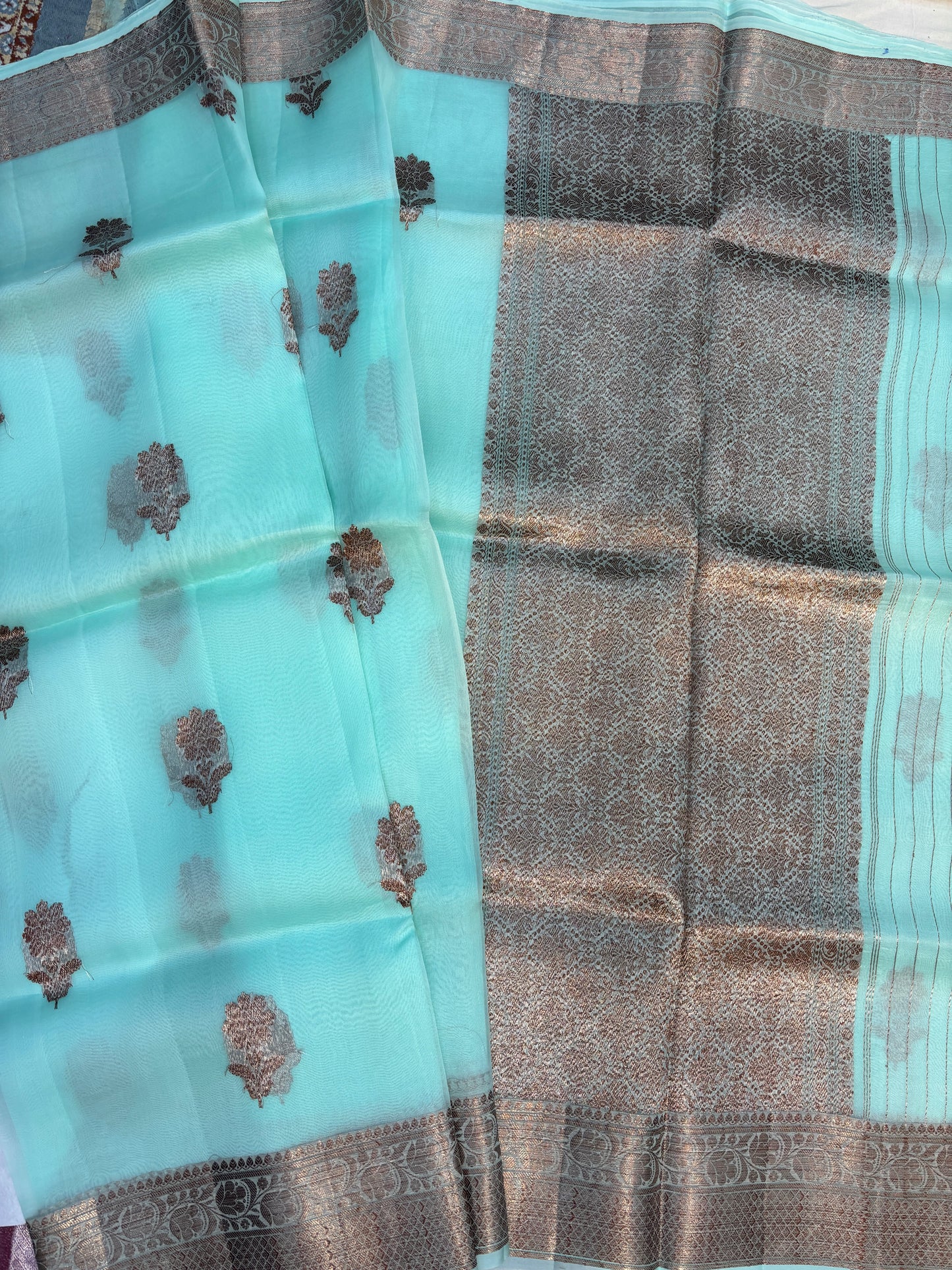 Light Firozi Pure Kora Antique Zari Banarasi Handloom Saree