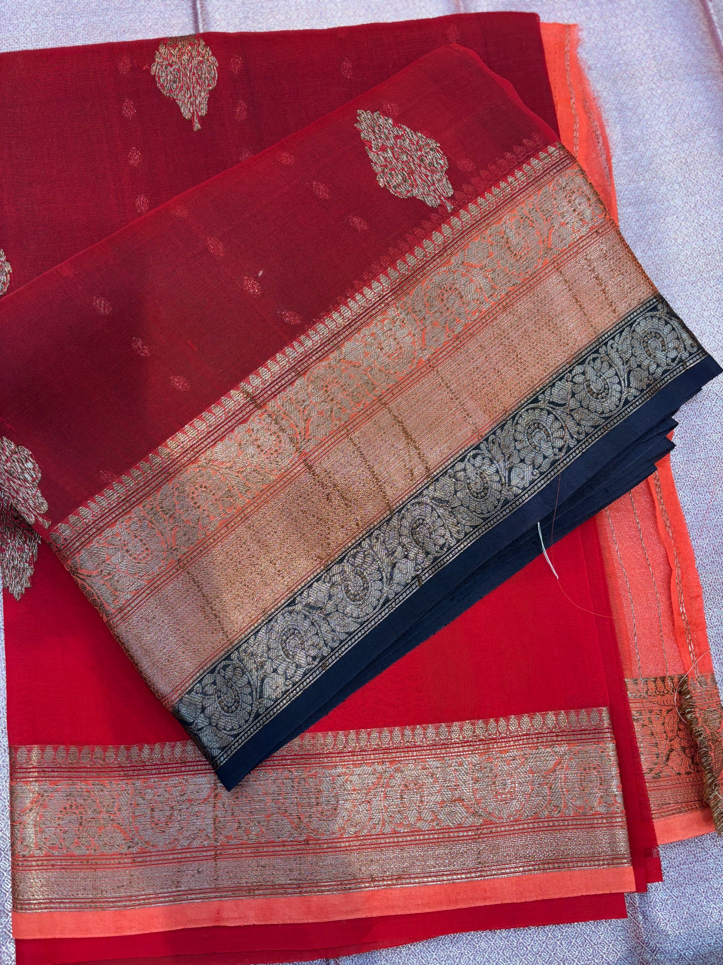 Red-Green Pure Kora Antique Zari Banarasi Handloom Saree