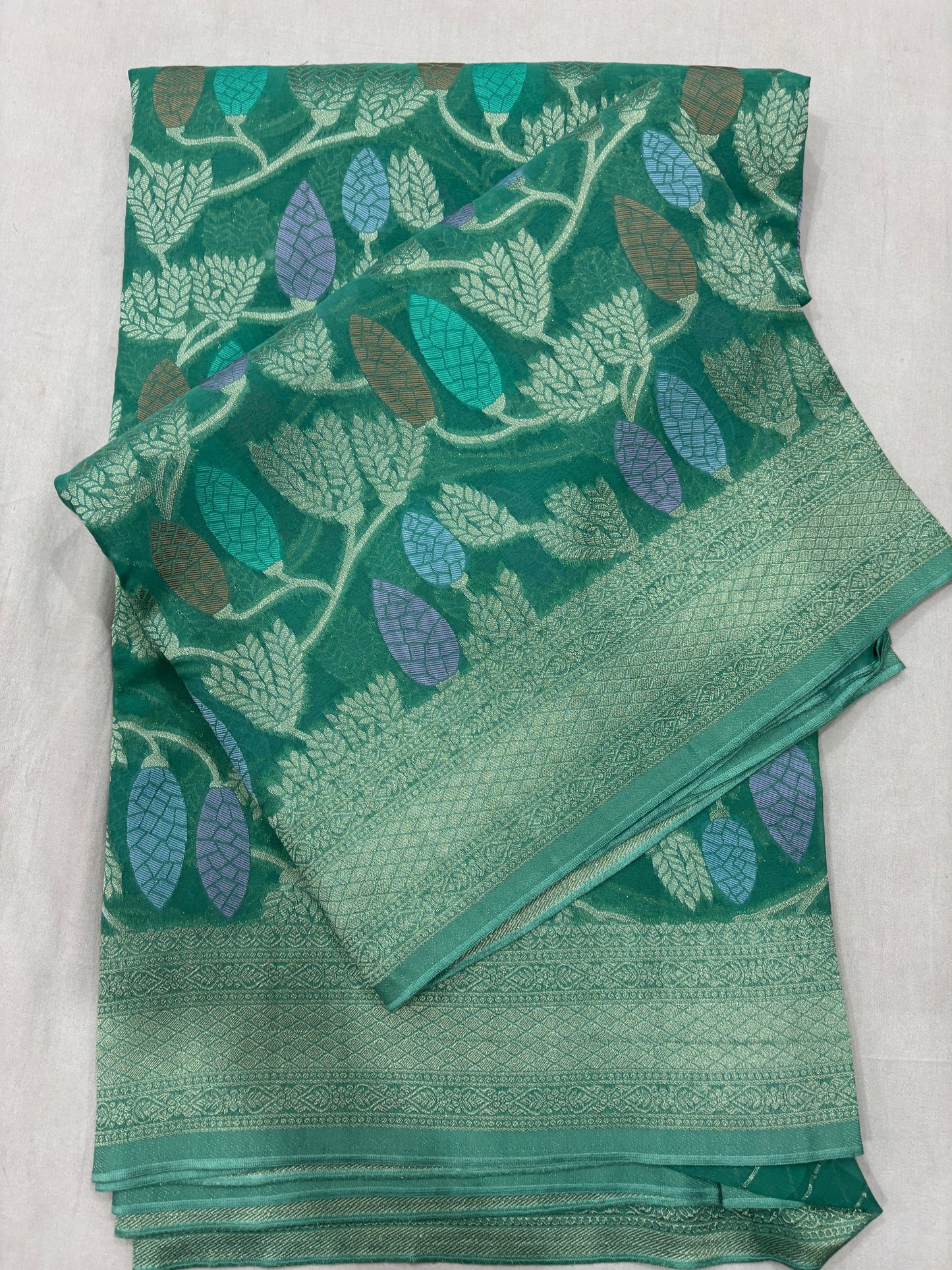Sea Blue Semi Khaddi Georgette Banaras Sari 