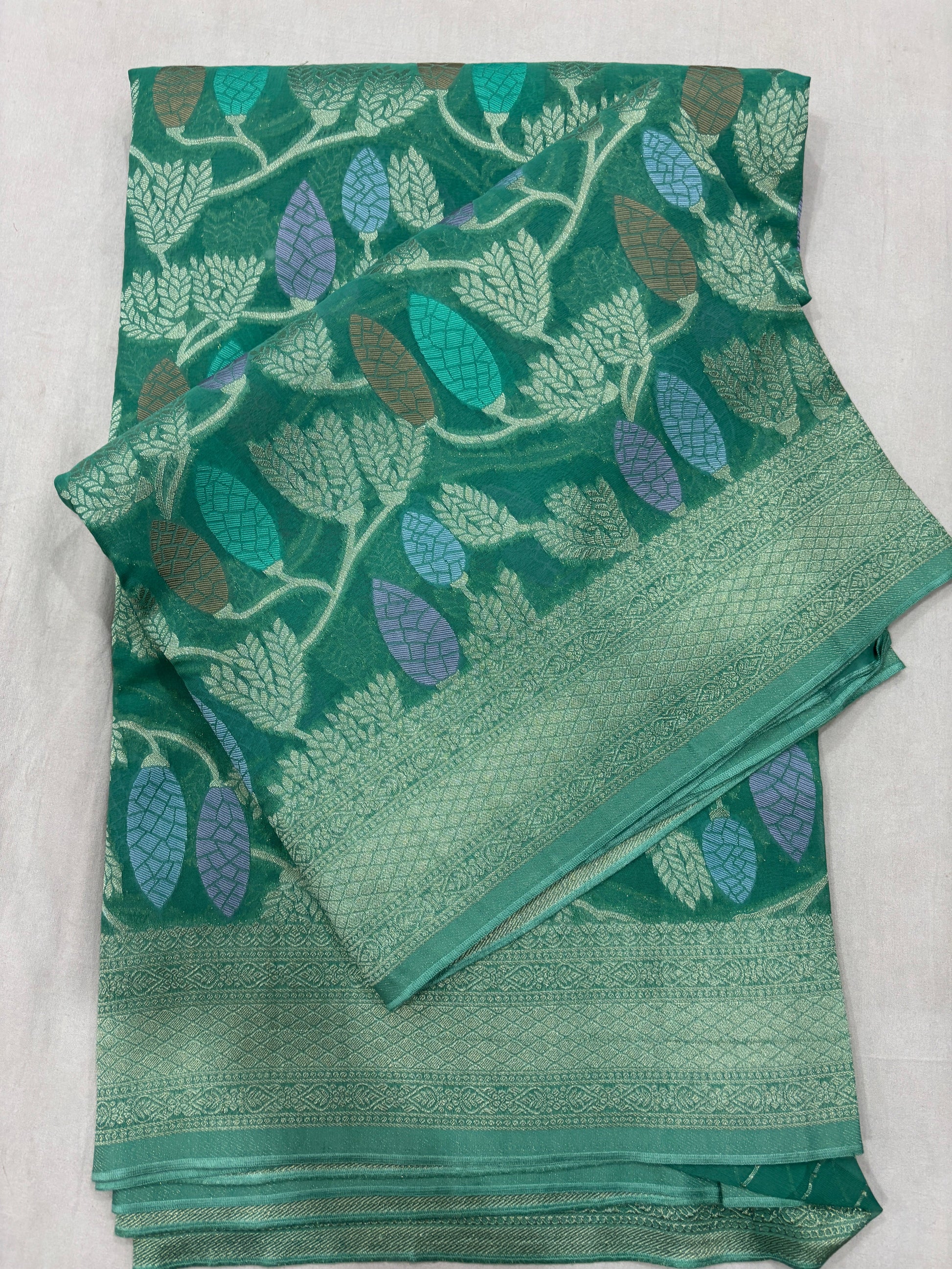 Sea Blue Semi Khaddi Georgette Banaras Sari 