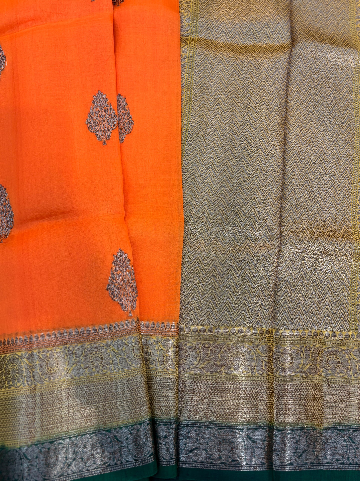Orange Green Pure Kora Antique Zari Banarasi Handloom Saree