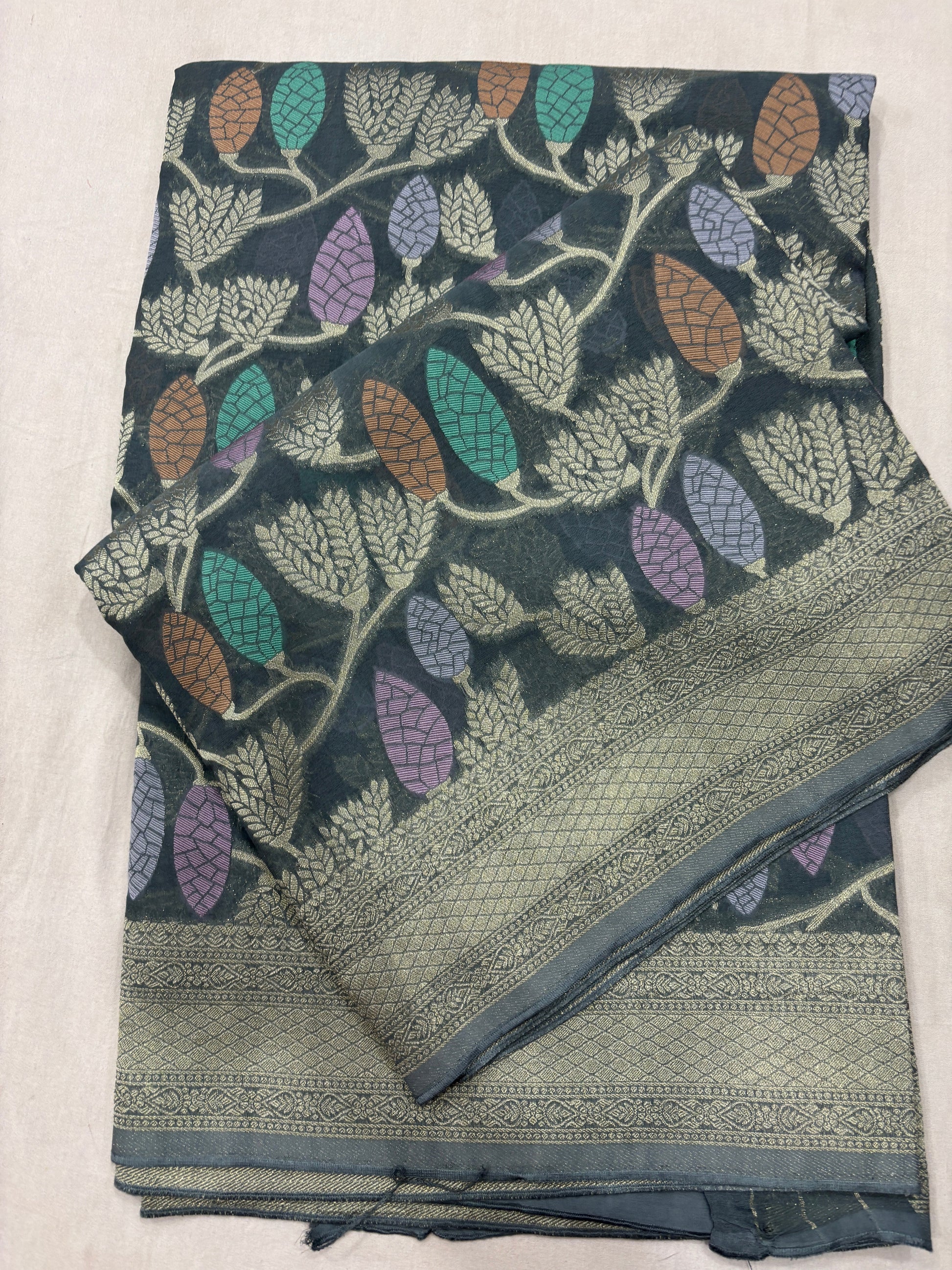 Gray Semi Khaddi Georgette Banaras Sari 