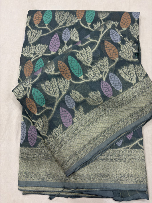 Gray Semi Khaddi Georgette Banaras Sari 