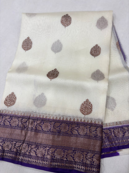 White With Blue Border Pure Kora Antique Zari Banarasi Handloom Saree