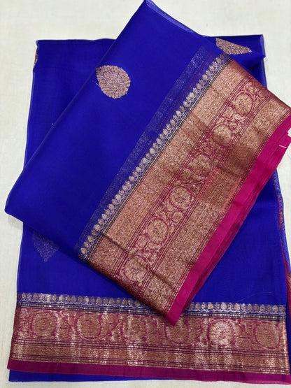 Blue With Rani Pink Border Kora Antique Zari Banarasi Handloom Saree