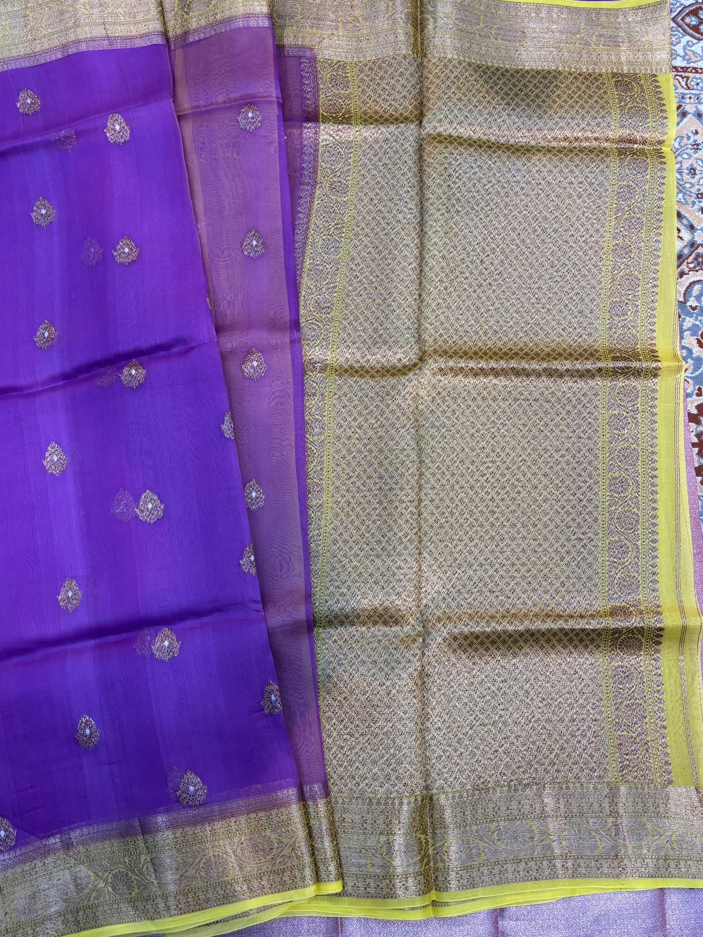 Violet with lemon, yellow, pure Kora antique Zari Banarasi Handloom Saari