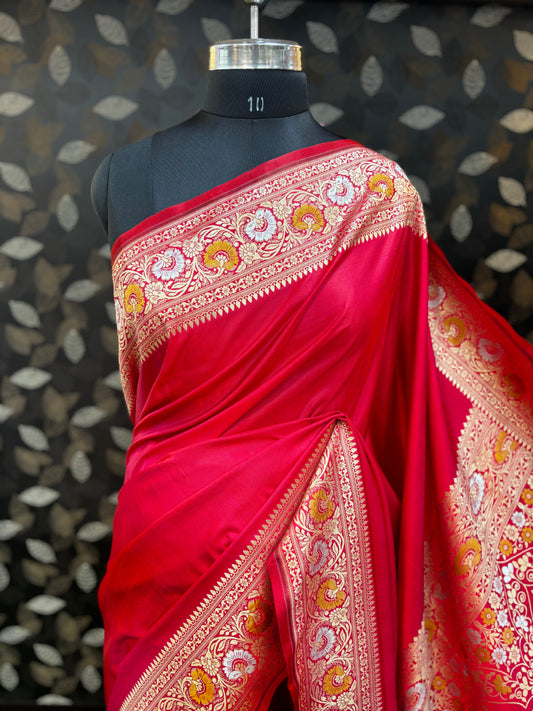 Red Plain with Border Semi Silk Banarasi Handloom Saree