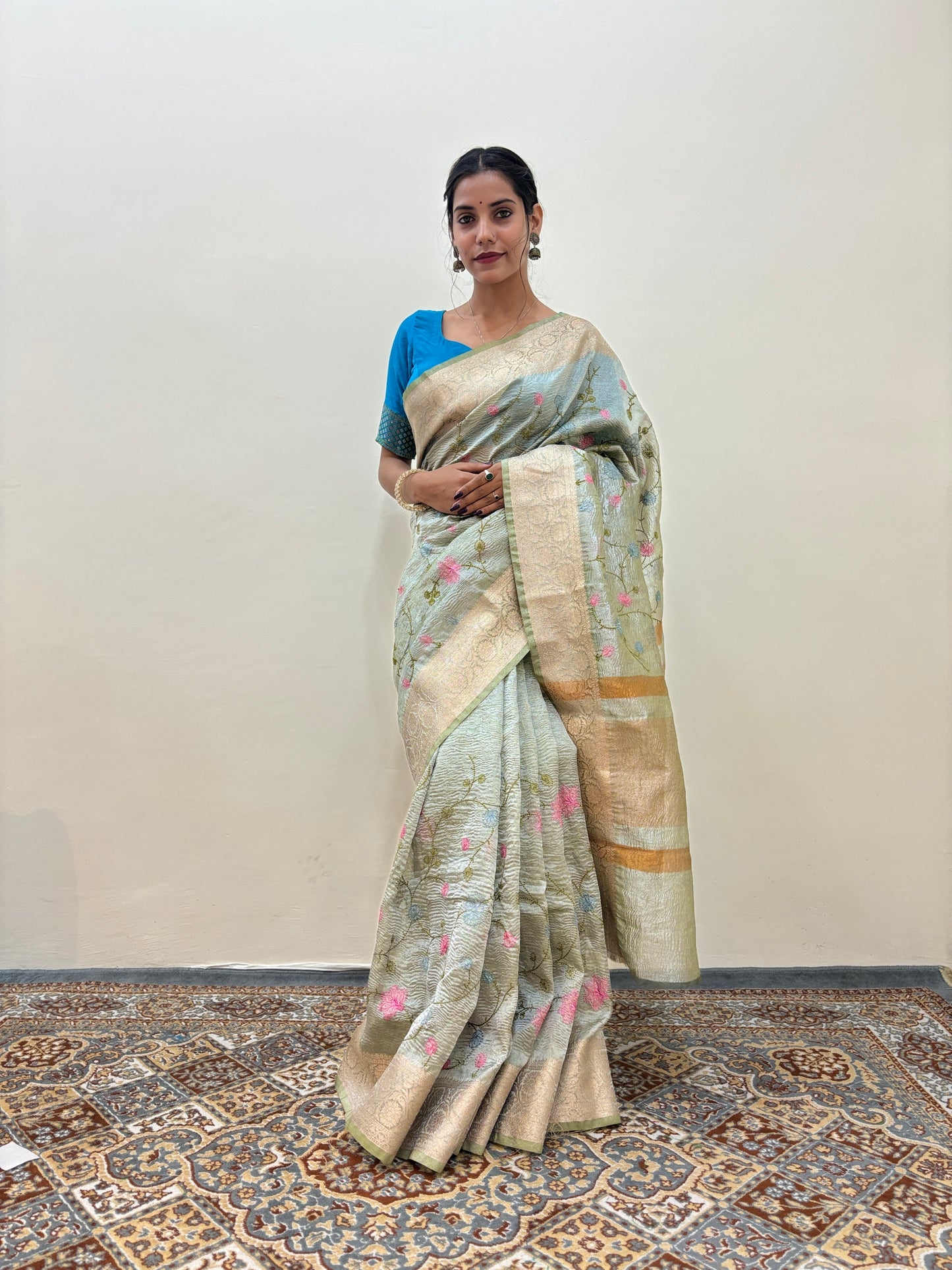 Light Green Crush Tissue With Embroidery Banarasi Handloom Saree