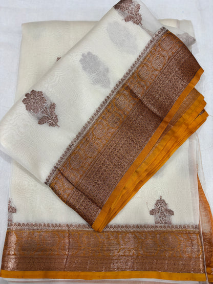 White whit Yellow Border Pure Kora Antique Zari Banarasi Handloom Saree