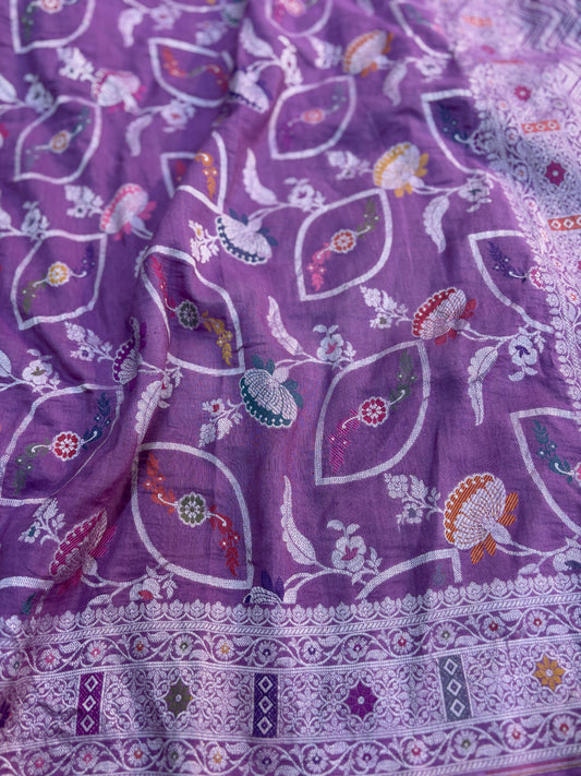 Lavender pure Tussar georgette Meena Kari Banarasi handloom sari - Rungkaat