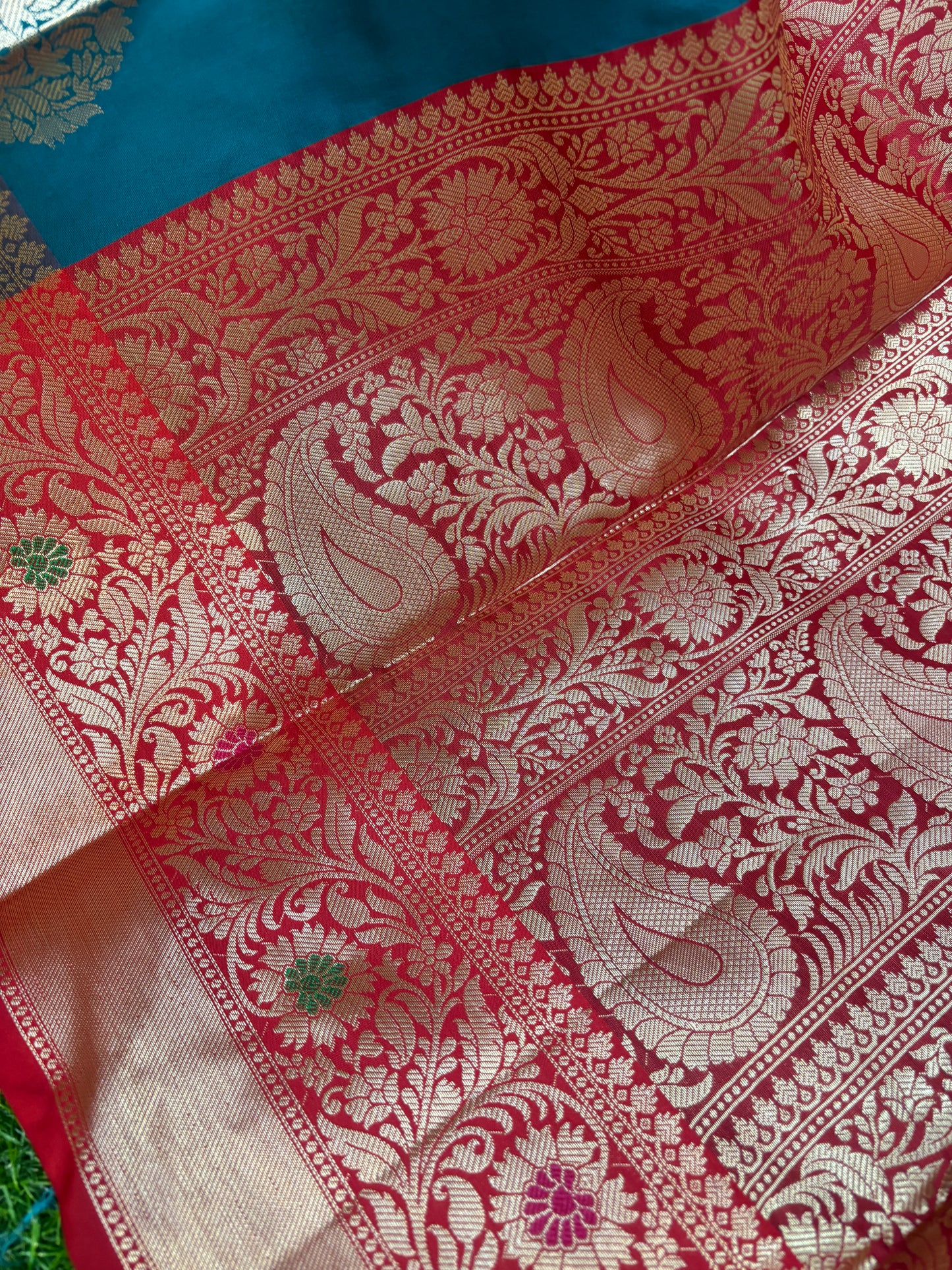 Blue Sky With Red Semi Katan Banarasi Saree