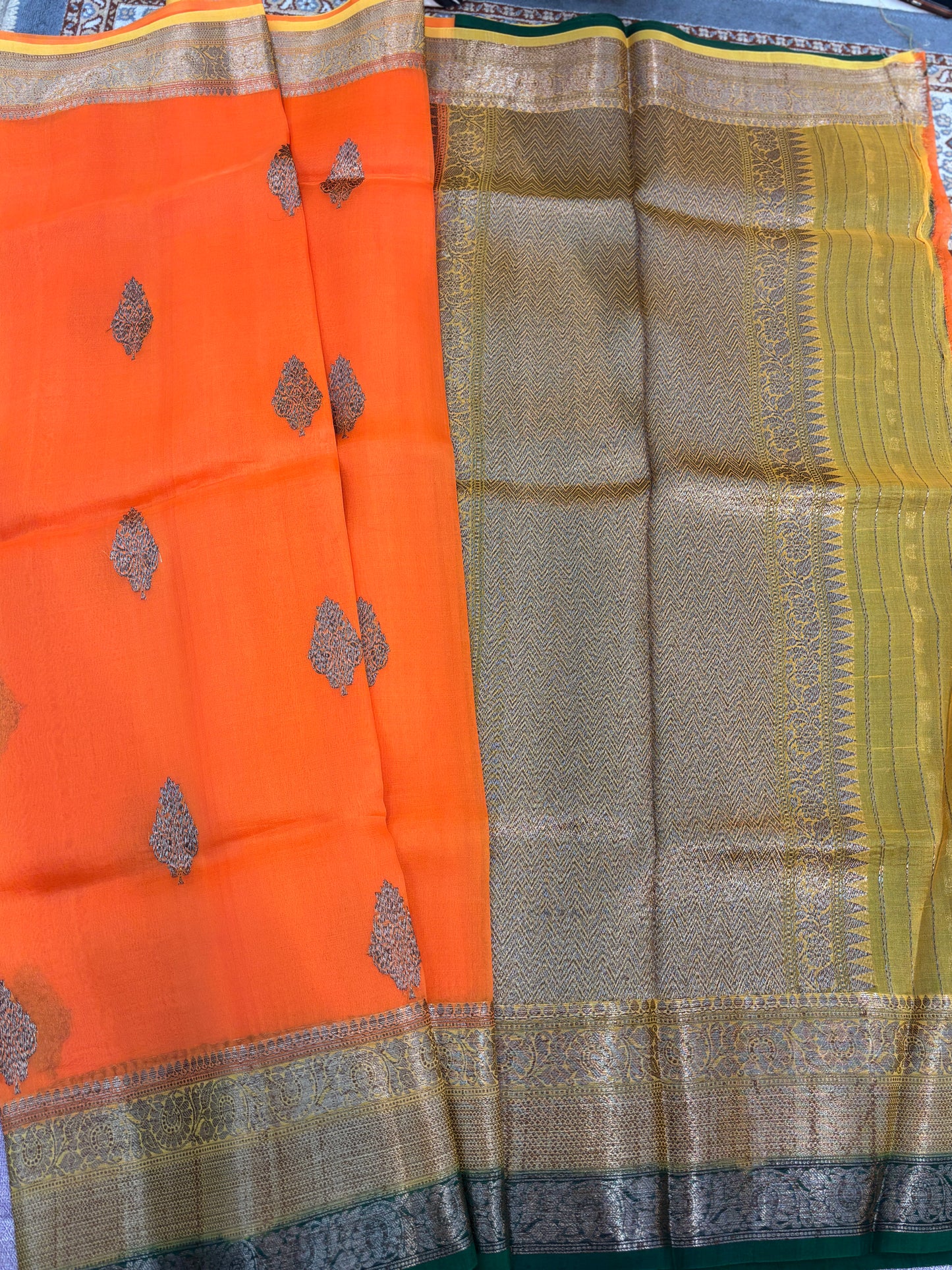 Orange Green Pure Kora Antique Zari Banarasi Handloom Saree