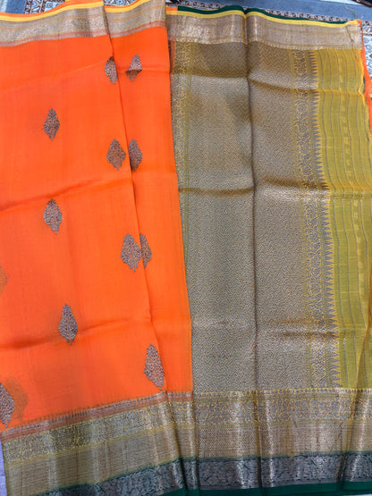 Orange Green Pure Kora Antique Zari Banarasi Handloom Saree