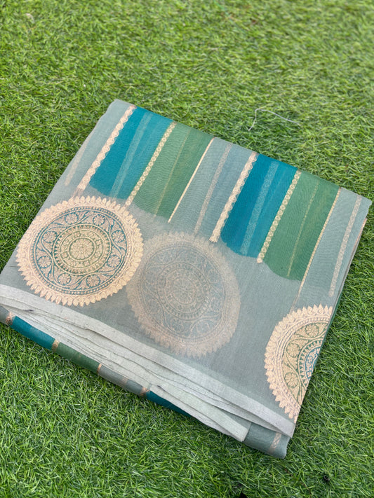 Powder Blue Pure Kora Katan Rungkaat Banarasi Handloom Saree