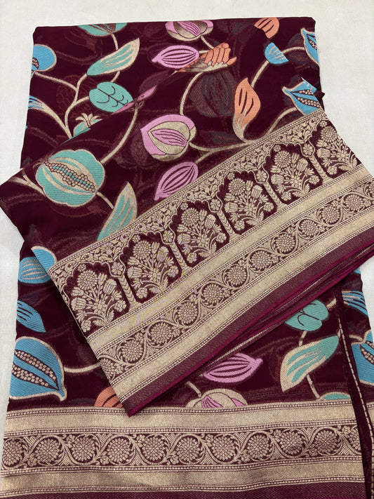 Wine Semi Khaddi Georgette Banaras Sari 