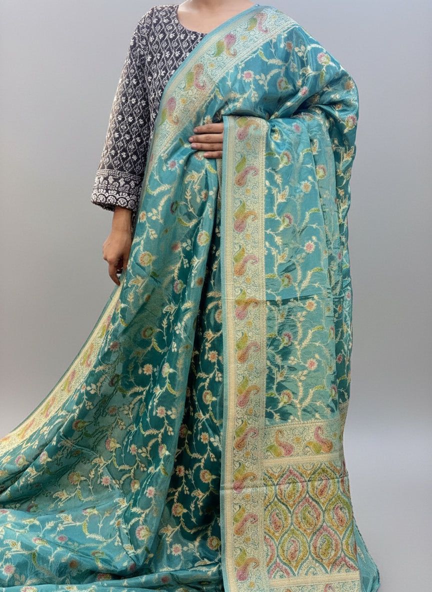 Dark Powder Blue Desiner Banarasi Saree