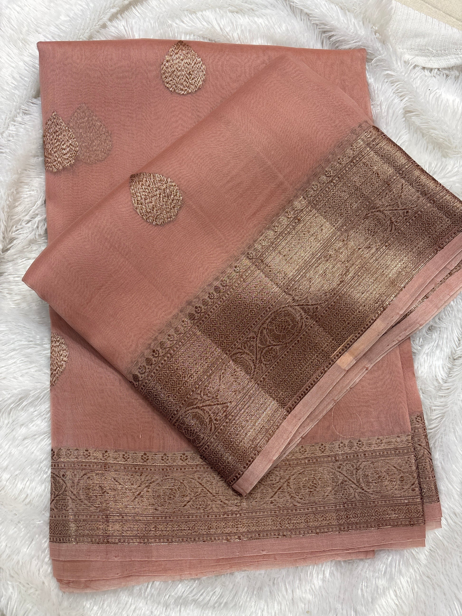 Peach pink Banarasi handloom saree with dark zari border and gold motifs