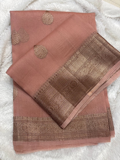 Peach pink Banarasi handloom saree with dark zari border and gold motifs